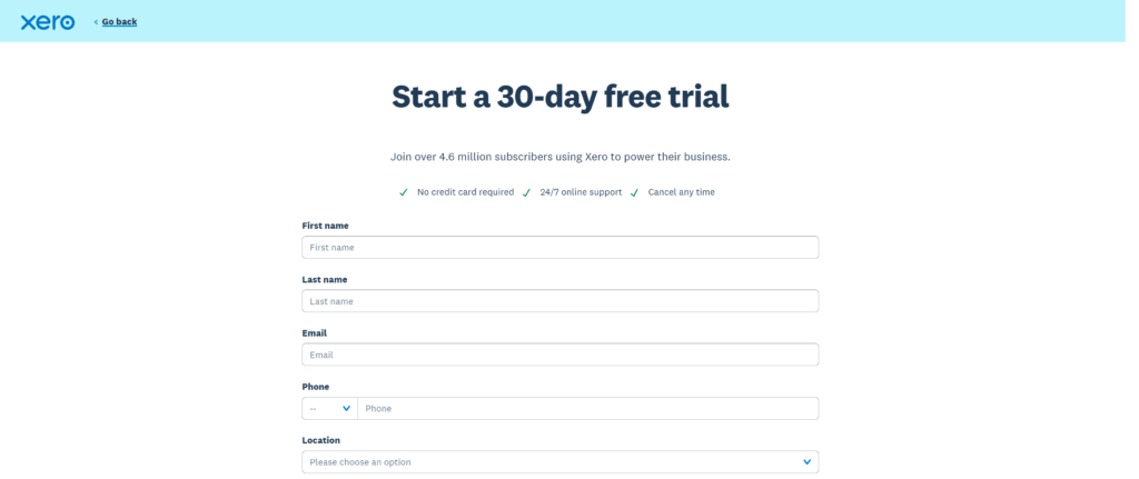 xero signup form